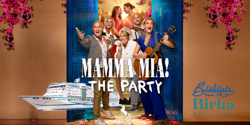 Collagebild på Mamma Mia! The Party med fartyget Birka Gotland inklippt