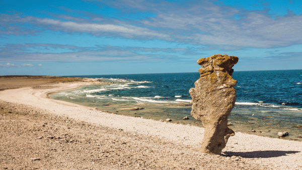 En stende sten p en strand p Gotland